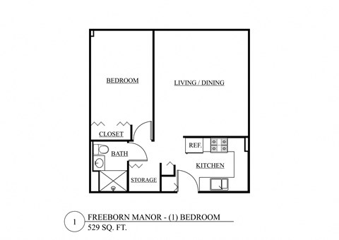 Floor plan for 1 bed, 1 bath, 529 sqft